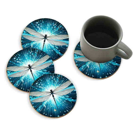 Coasters for Drinks Bar Beer,Set of 4 ,Round Wooden Housewarming Gift,Dragonfly Shiny Abstract