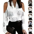 thumbnail image 3 of Off Shoulder Long Sleeve Blouses V-Neck Casual Printed Elegant Top Women Shirt, 3 of 5