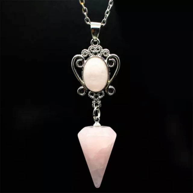 HOOUN Hexagonal Cone Pendulum Natural Crystal Pointed Pendant Necklace-Rose Quartz