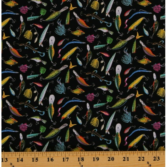 Cotton Fishing Lures Fishing Geer Tackle Bait Tight Lines Black Cotton Fabric Print by the Yard (5002Black)