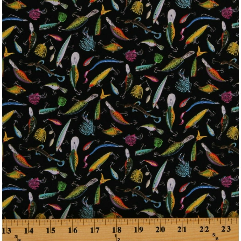 Cotton Fishing Lures Fishing Geer Tackle Bait Tight Lines Black Cotton  Fabric Print by the Yard (5002Black) 