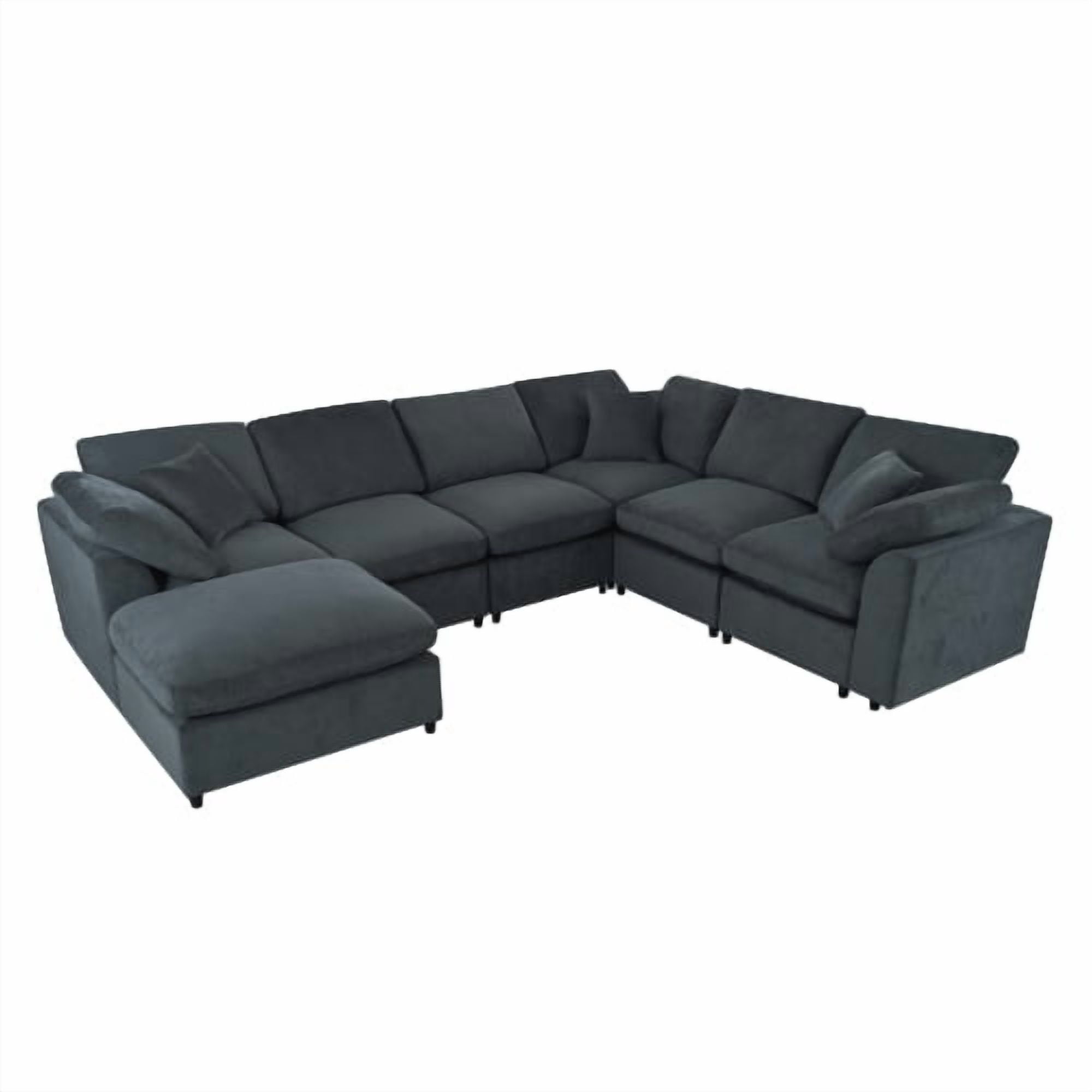 120.8" U_Style Extra Large 7-Seater L-Shape Modular Sectional Sofa with Movable Ottoman, Plush Chenille Fabric, Solid Pine Wood Frame for Living Room and Office, Gray