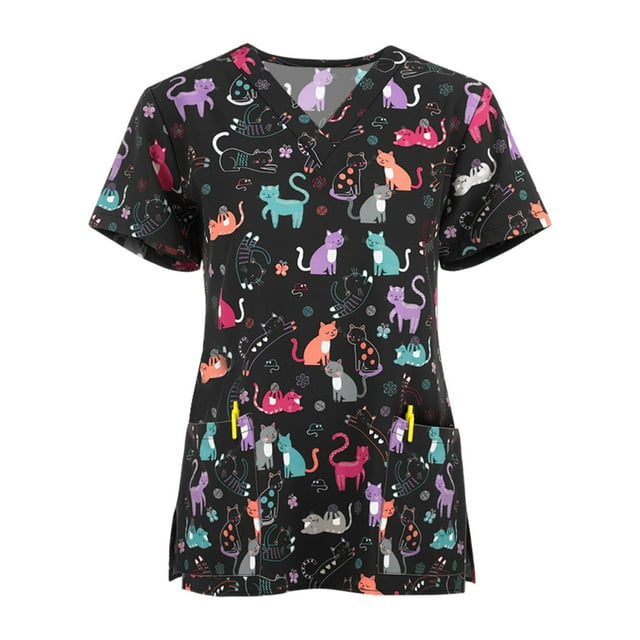 RKSTN Hauts à Manches Courtes Col en V pour Femmes Uniforme de Travail Blouse à Imprimé Dessin Animé
