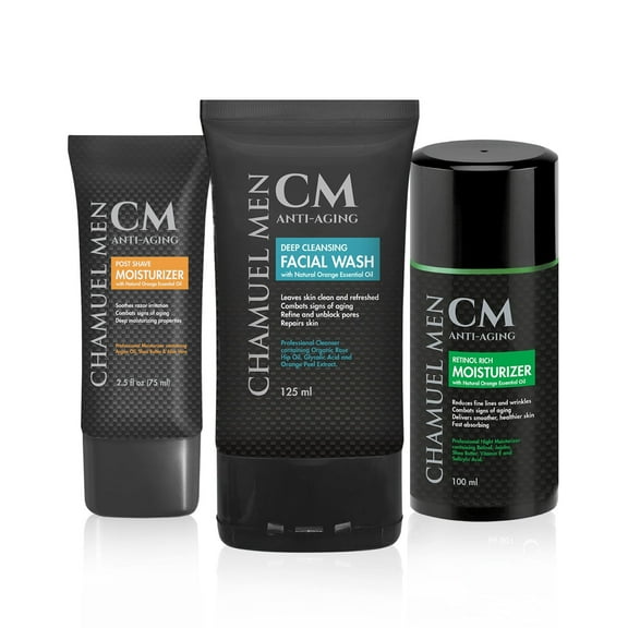 Chamuel Men All You Need 3-Piece Skin Care Set, Anti Aging Face Wash, Aftershave Lotion, and Retinol Night Cream