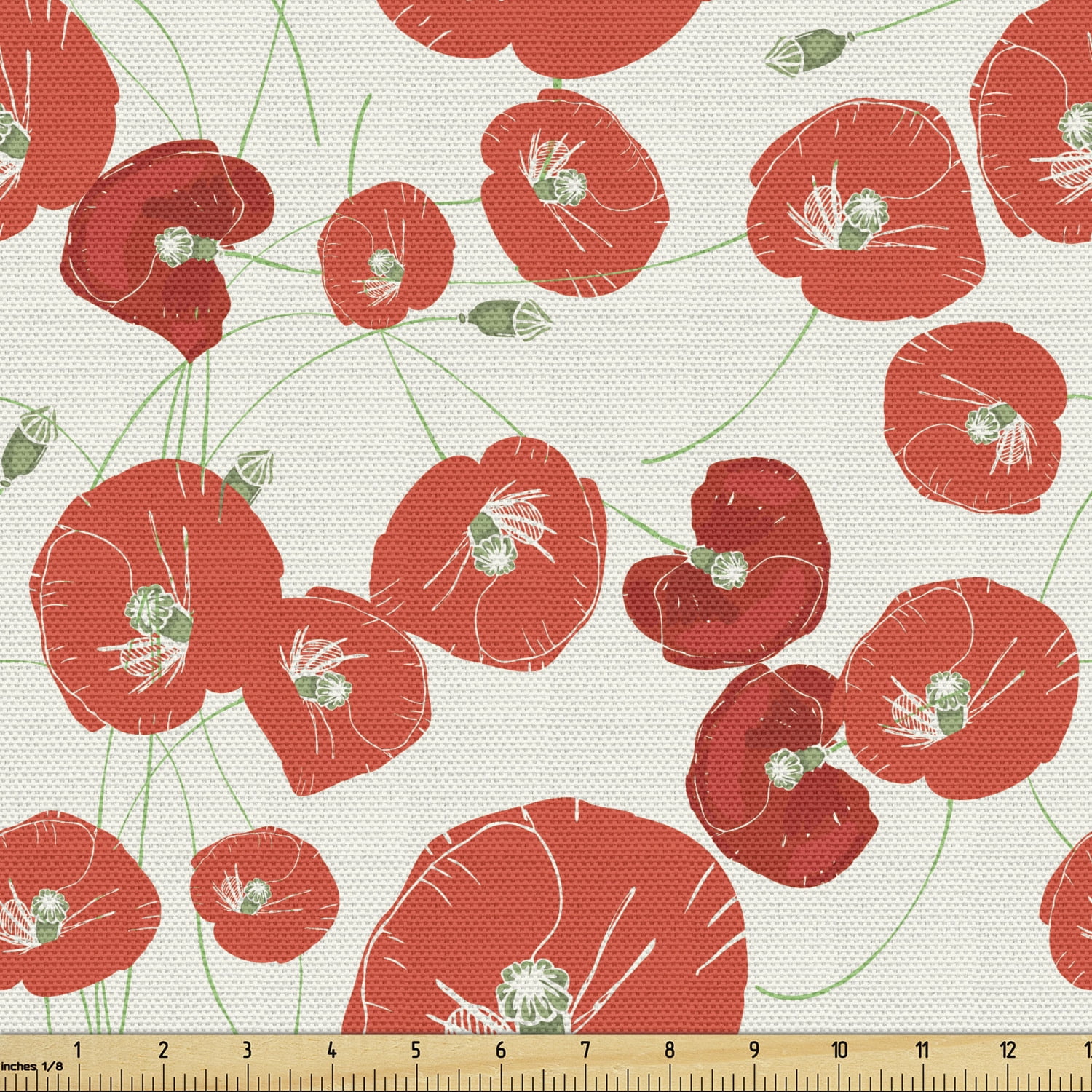 Poppy Flower Fabric by the Yard, Hand-drawn Illustration of Poppys ...