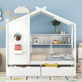 thumbnail image 2 of MODERNLUXE Lit Maisonnette en Bois Format Simple, Lit Maisonnette Montessori avec Toit, 2 Tiroirs et Étagères de Rangement pour Filles Garçons, Blanc, 2 of 8