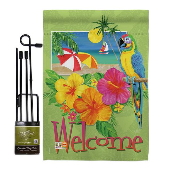 Breeze Decor BD-SU-GS-106066-IP-BO-D-US12-AM 13 x 18.5 in. Welcome Tropical Summer Fun in the Sun Impressions Decorative Vertical Double Sided Garden Flag Set with Banner Pole