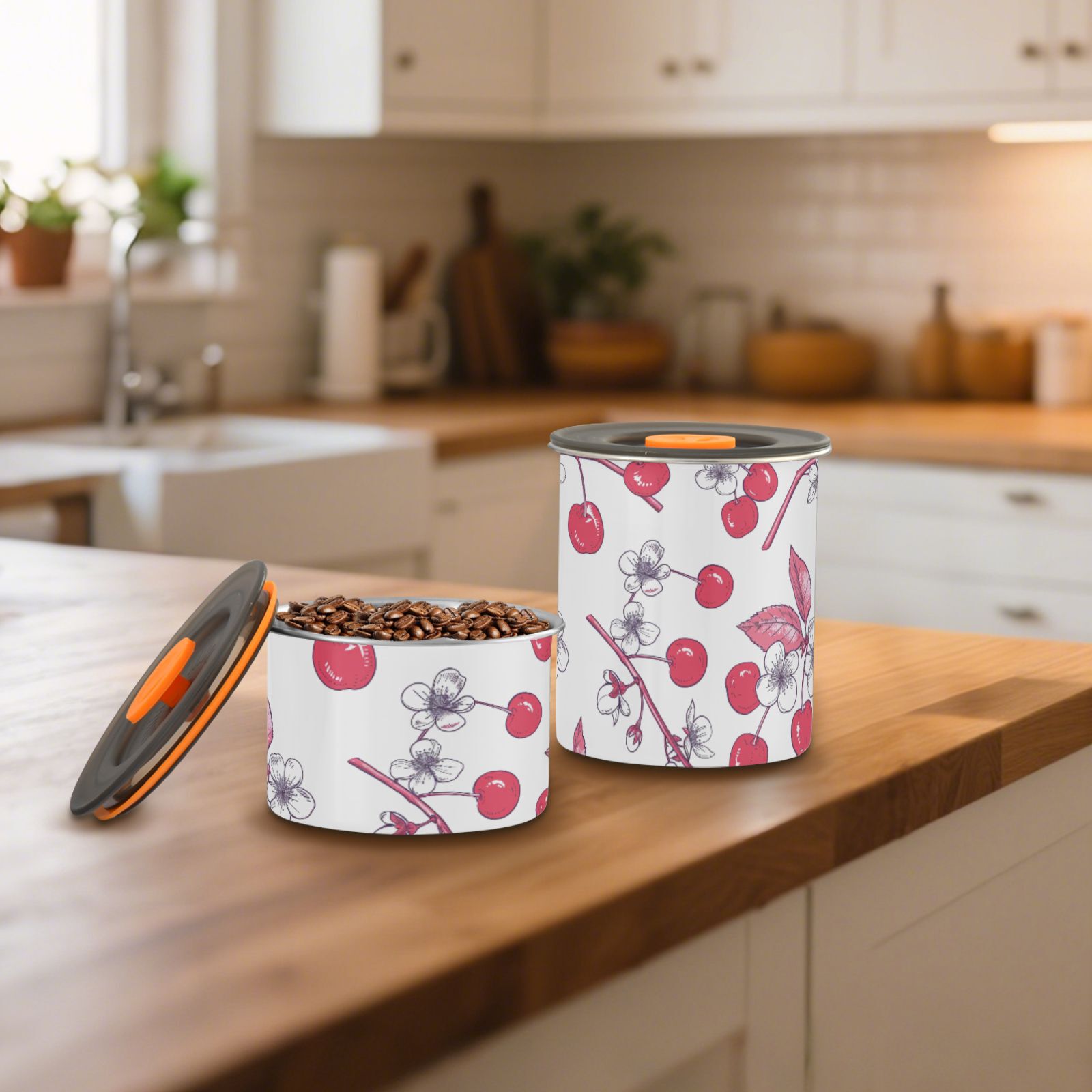 Cherry Blossom Airtight Coffee Bean Canister 30oz Food Storage Containers with Lids For Gournd, Tea, Sugar, Flour, Rice, Cereal, Candy Cookie Jar