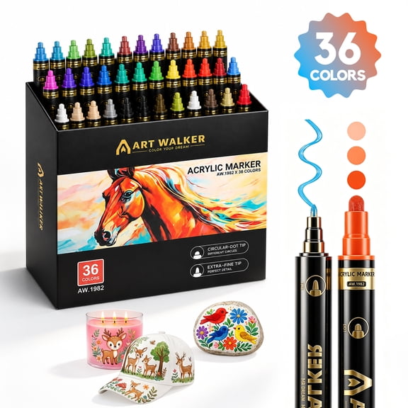 Gopgoy 36 Colors Acrylic Paint Markers, Dual Tip Paint Pens with Dot & Fine Tips, Water-Based Acrylic Markers for Rock, Wood, Fabric, Glass, DIY Crafts, Art Supplies & Gifts