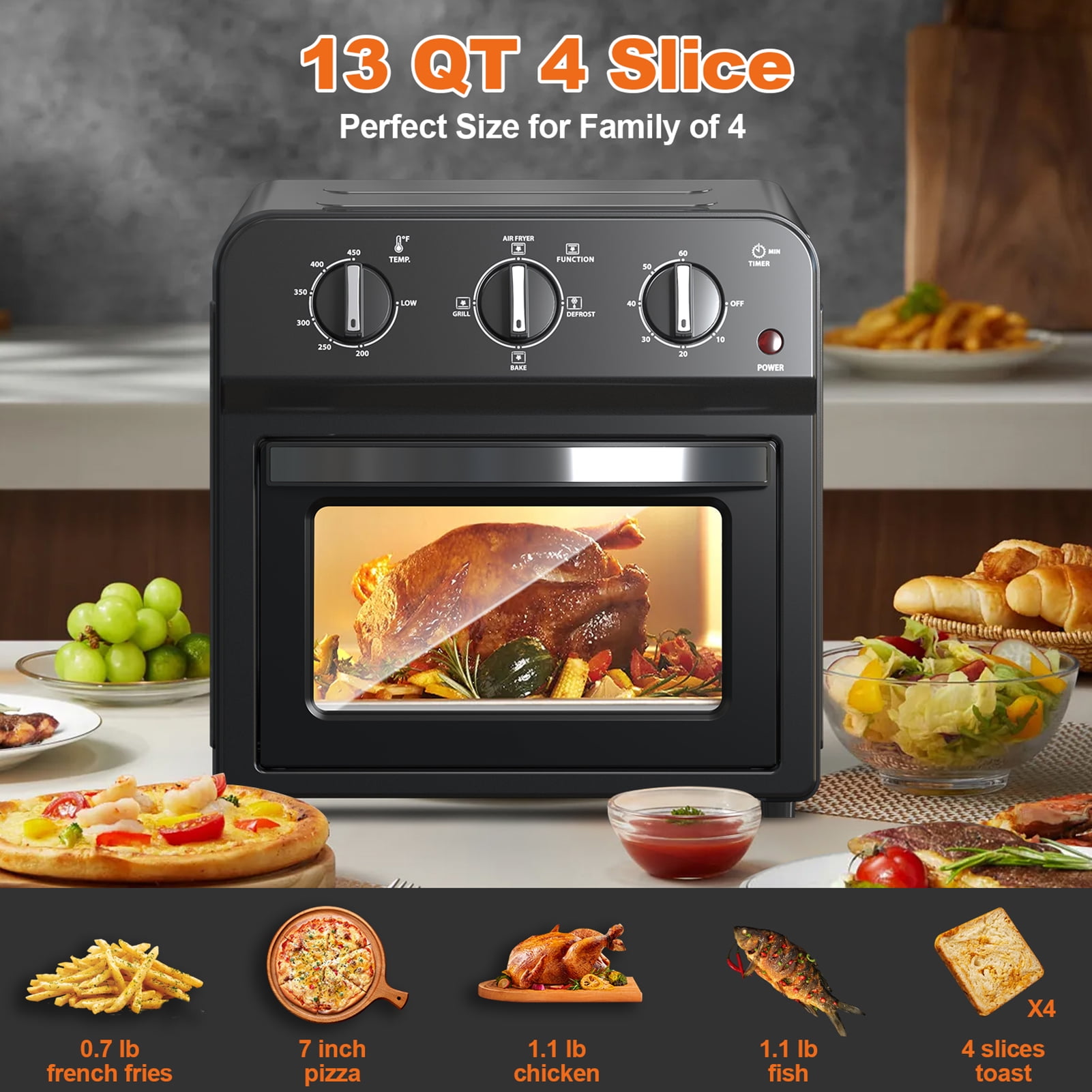 13QT Black 7-in-1 Air Fryer Oven – Adjustable Wind Speed, Low-Oil Crispy Meals for Family of 4