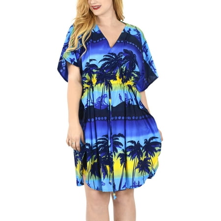 Short Caftan - Soft Likre Splash Waves Palm Tree Cover up Beach Dress Short Lounge Caftan Top
