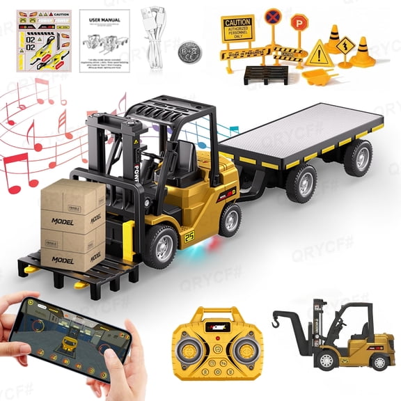 Remote Control Forklift with Trailer, 1/64 Mini RC Forklift Toys with Lights & Sound, RC Construction Vehicles for Boys Christmas Birthday Gifts