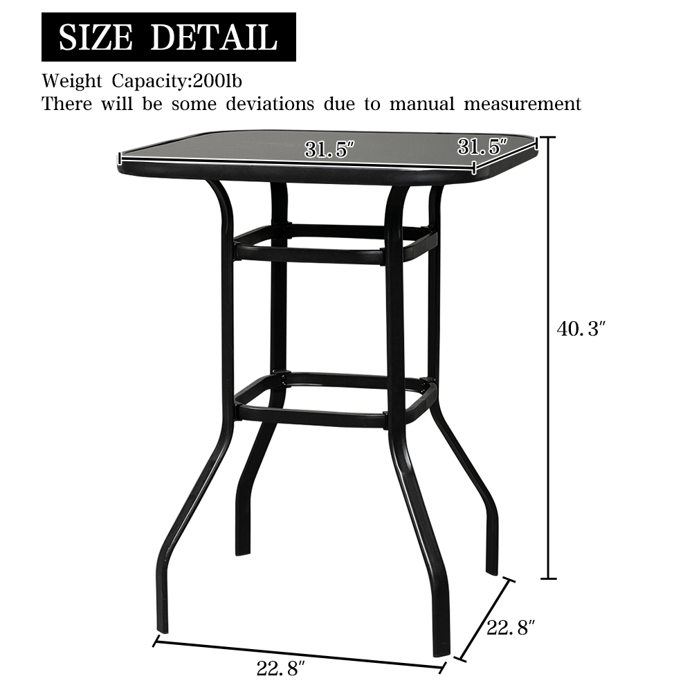 Veryke Patio Bar Table, Bar Height Patio Table for Outdoor Garden, Bistro Glass Top Metal Frame Square Tempered Furniture, Black - image 4 of 6