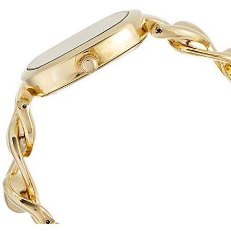 U.S. Polo Assn. Women's USC40250AZ Analog Display Analog Quartz Gold Watch featuring a 38mm rounded square gold case with a thick chain link bracelet. The watch includes crystal stones as markers for 12, 3, and 6, and operates on an analog-quartz movement. Side view highlights the gold-tone finish and crown detail. Not water-resistant.