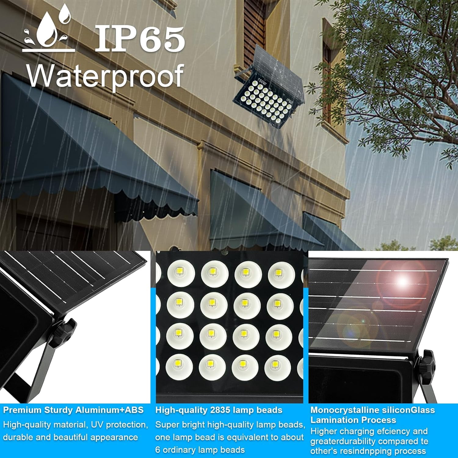 Indmird 150W Solar Powered Security Lights, Solar Lights Outdoor Waterproof, Dusk to Dawn  6500K Cool White, for Porch, Patio, Yard, Garage, Garden