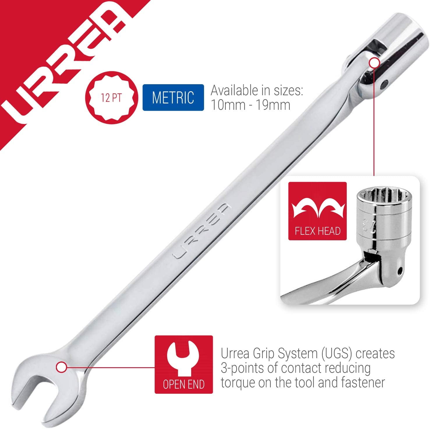 Urrea Flex Head Wrench Set, Metric, Full-Polished, 10 Pieces