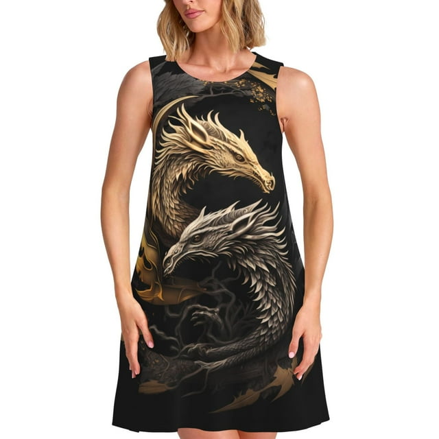 Balery Vintage Metal Dragon Vestidos de verano para mujer con estampado: vestido holgado sin mangas, vestido playero informal y cómodo para días calurosos.