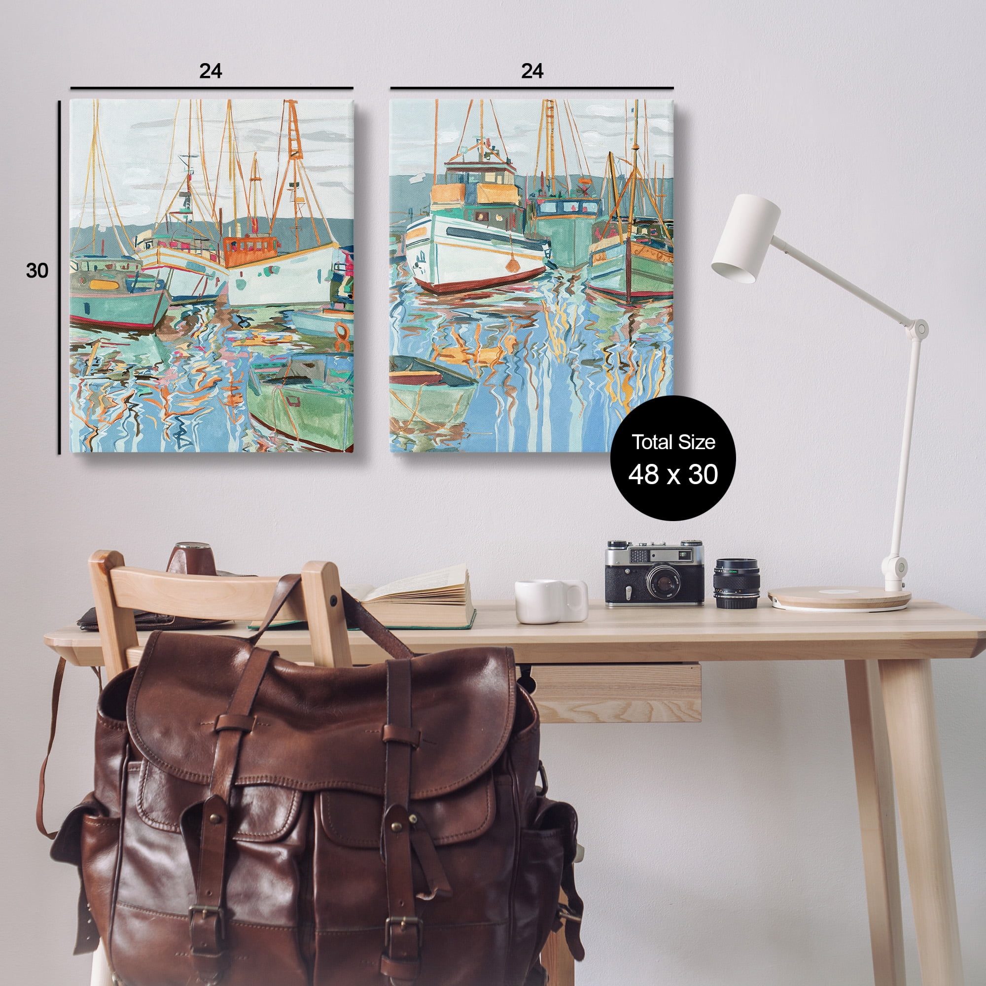 Stupell Industries Marina Ships Reflection Transportation Painting Gallery Wrapped Canvas Art Print Wall Art, 24 x 30, Set of 2