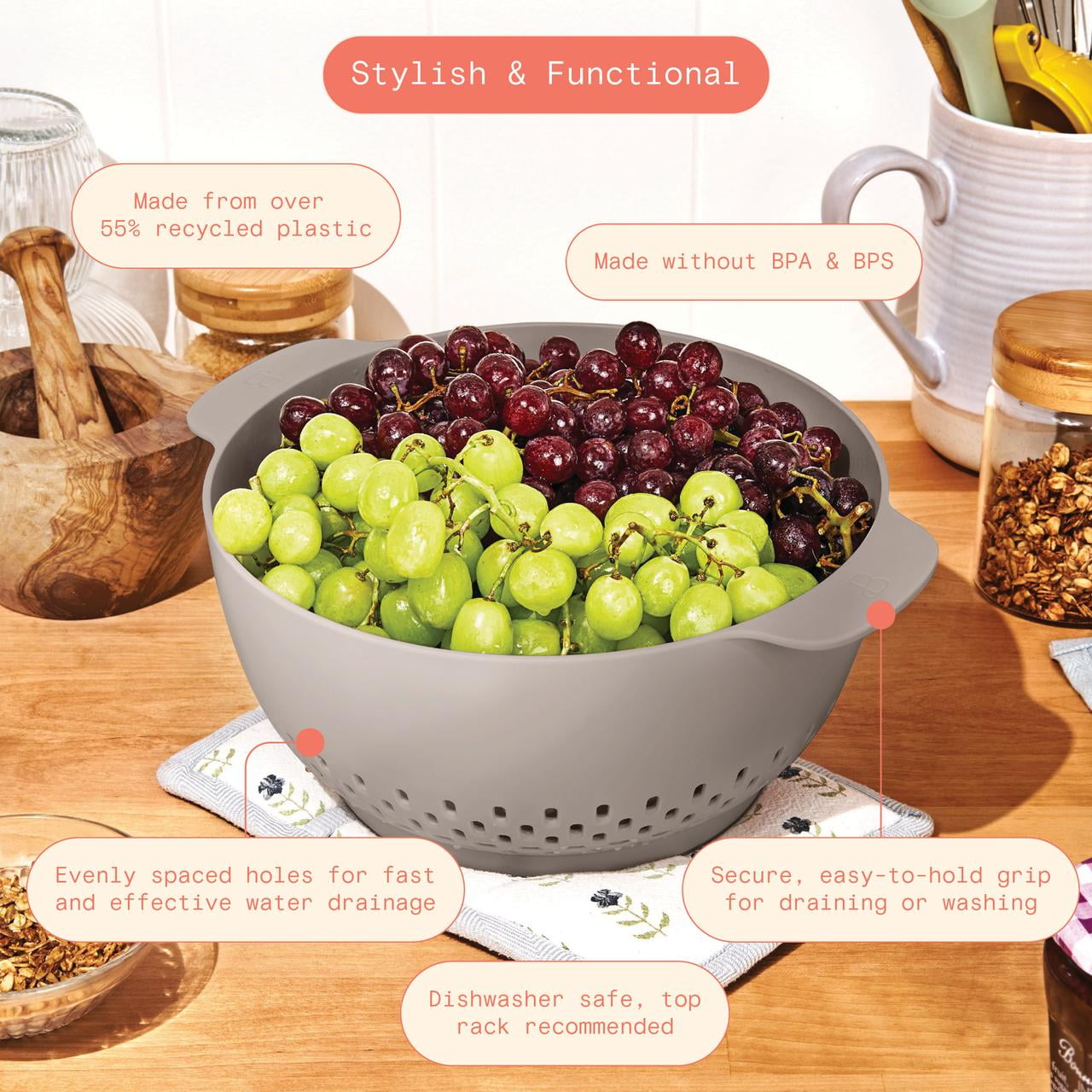 Beautiful 4.75 Qt Plastic Colander, Porcini Taupe by Drew Barrymore
