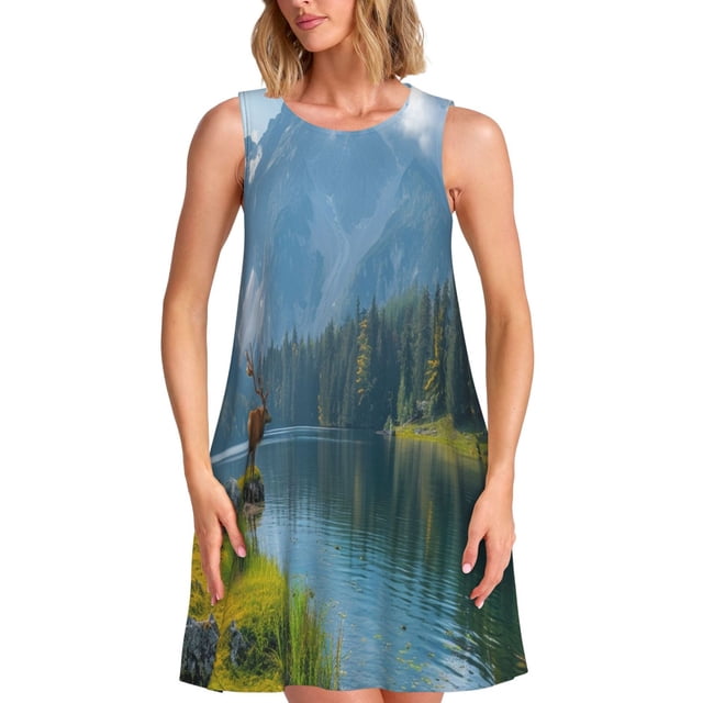Easygdp Majestic Deer Mountain Lake para Vestido Transpirable de Mujer, Vestido Suelto de Manga Corta con Pliegues y Bolsillos para el Verano