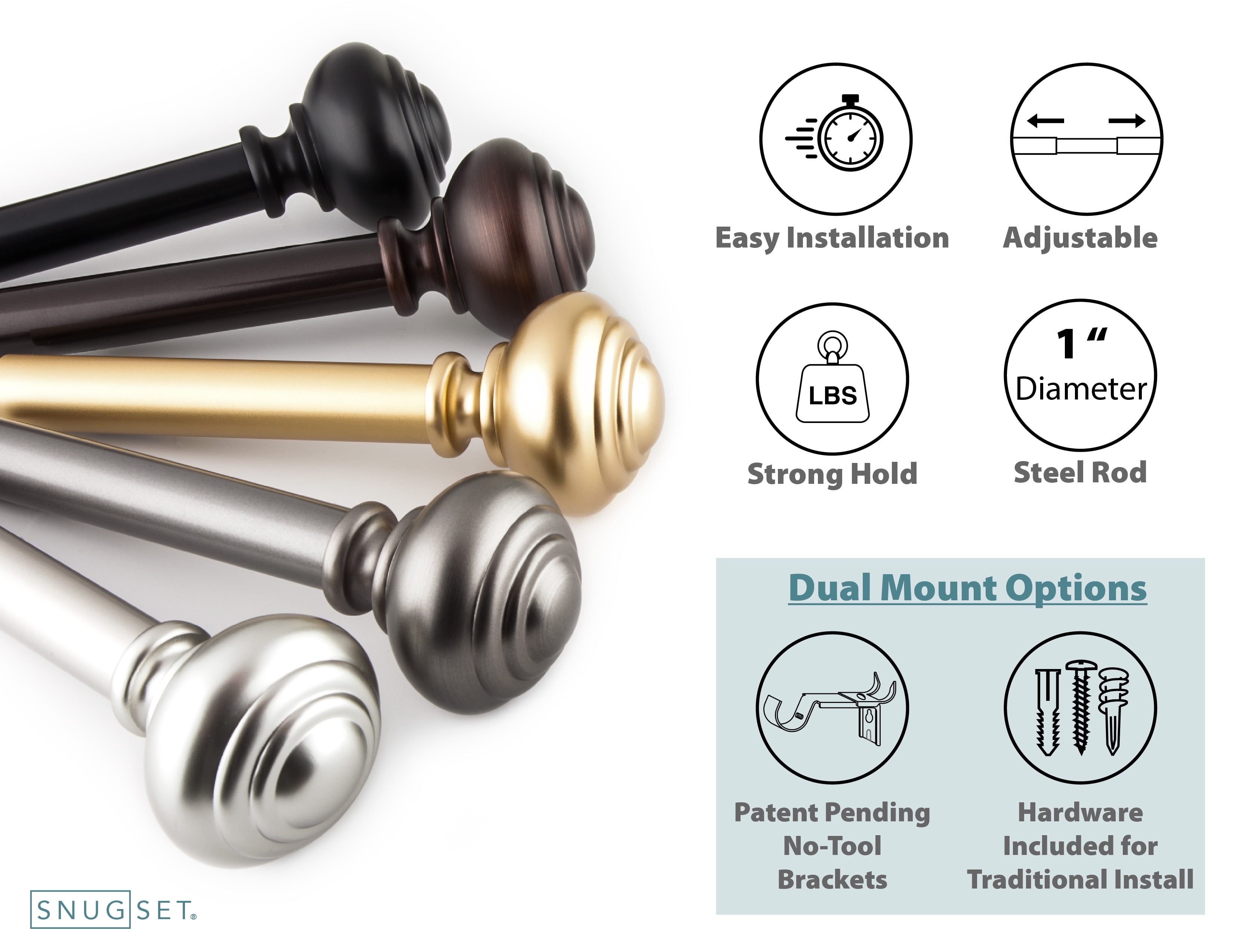 SnugSet Taylor 1" Golden Brass Knob Adjustable Single Curtain Rod Set, 36'"-72"