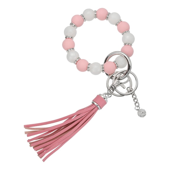 Uxcell Silicone Wristlet Keychain, Cute Beaded Wristlet Keychain Car Key Ring with Leather Tassel for Women, Light Pink/White