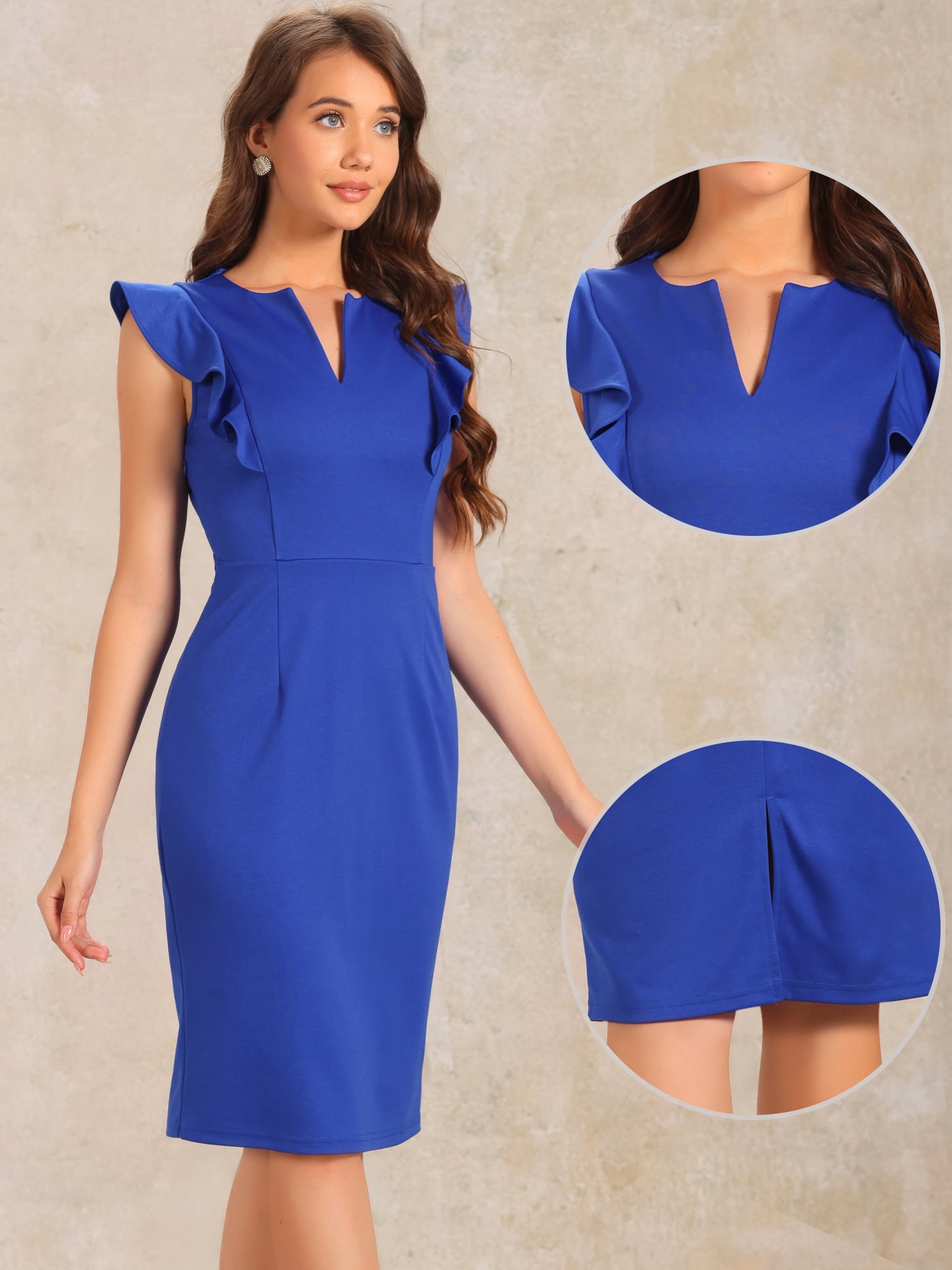 DARING DIVA Sheath Ruffles V Neck Split Work Pencil Dress XS Royal Blue