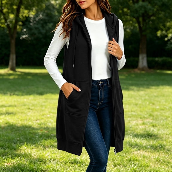 Women's Long Hooded Sleeveless Waistcoat Full Zip Casual Waistcoat With Pockets For Fall Daily Wear