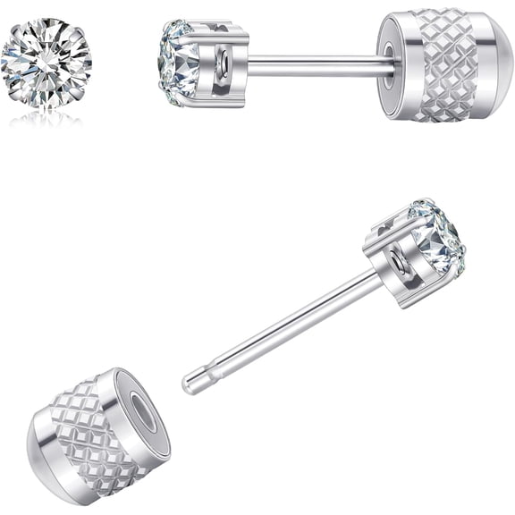 Threadless Stud Earrings for Women, Gold Silver Flat Back Earrings Push in Flatback Studs with 3-8mm CZ for Men Trendy Surgical Steel Hypoallergenic Comfortable