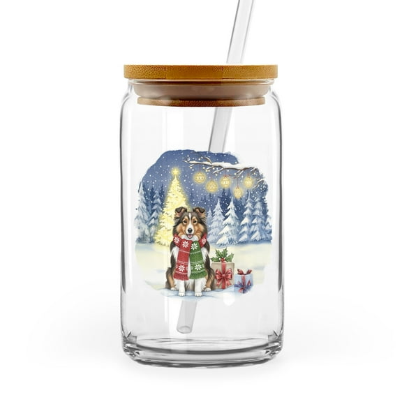 Merry Christmas Shetland Sheepdog Snowy Winter with Gifts Tree Decorations 16oz Glass Cup Mug Sheltie Dog Lover Gifts Glass Can with Bamboo Lid and Straw - 12020