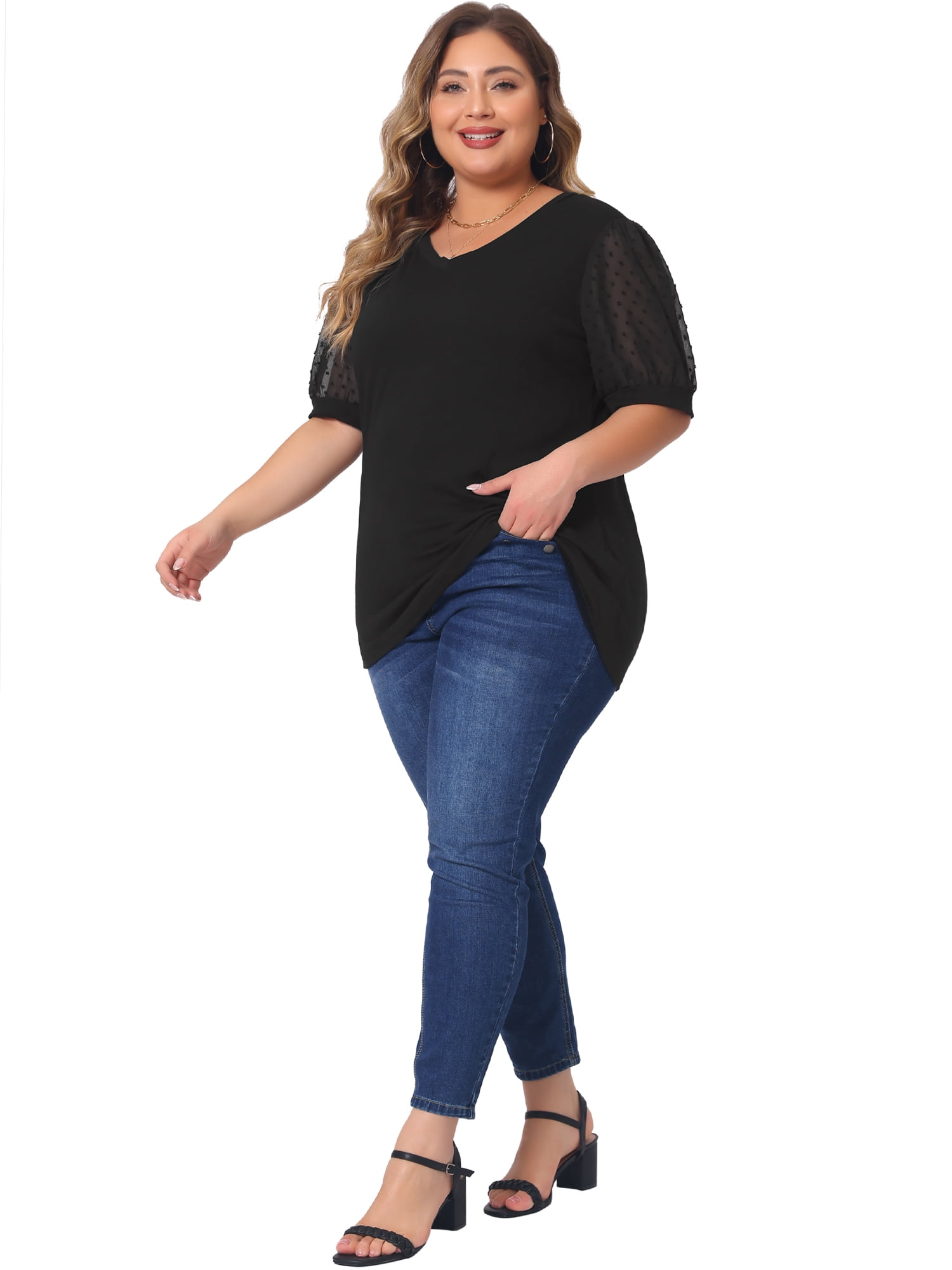 Women's Plus Tops V Neck Swiss Dots Puff Sleeve Casual Blouse Shirt 4X Black