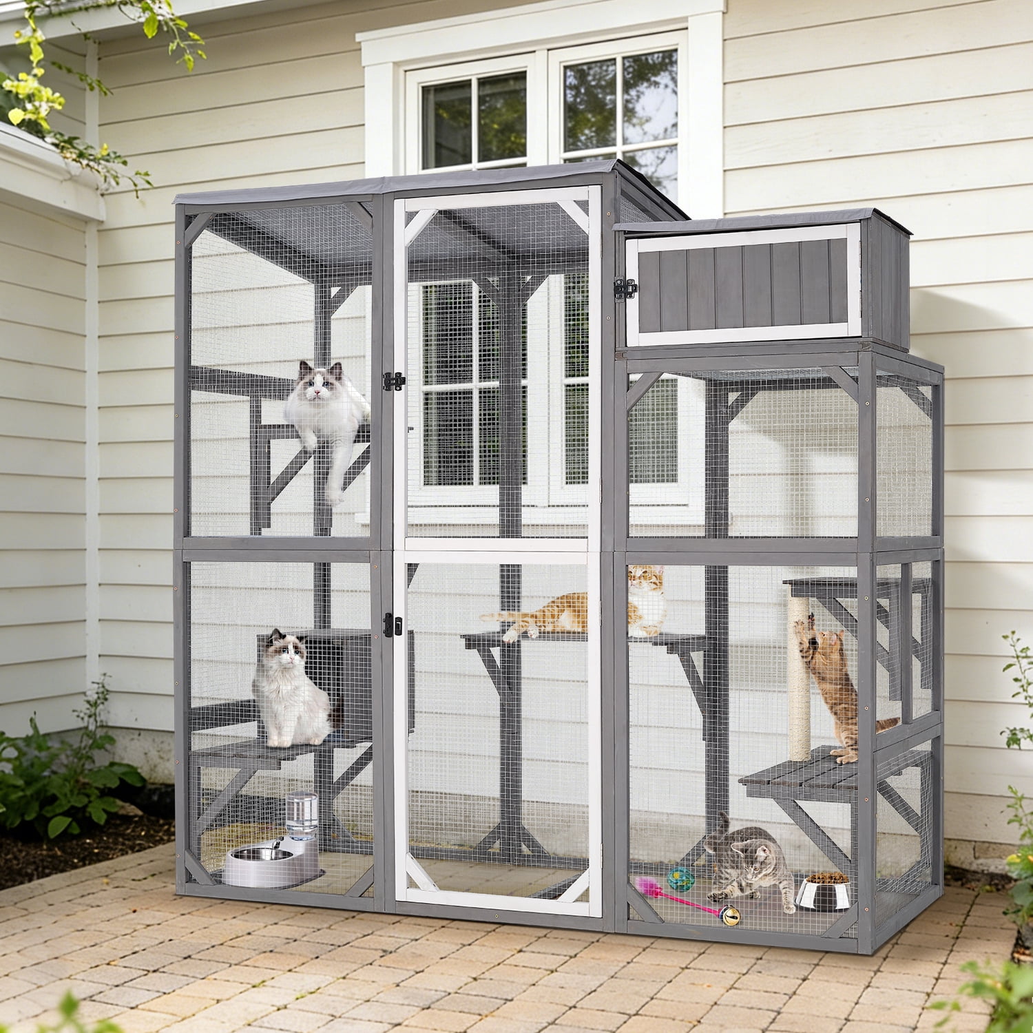Wooden Outdoor Catio Enclosure for Pets with Scratching Post, Multi-Level Perches & Hideaways, Weatherproof Indoor/Outdoor Cat House with Roof, 5 Platforms & Resting Den, UV-Resistant