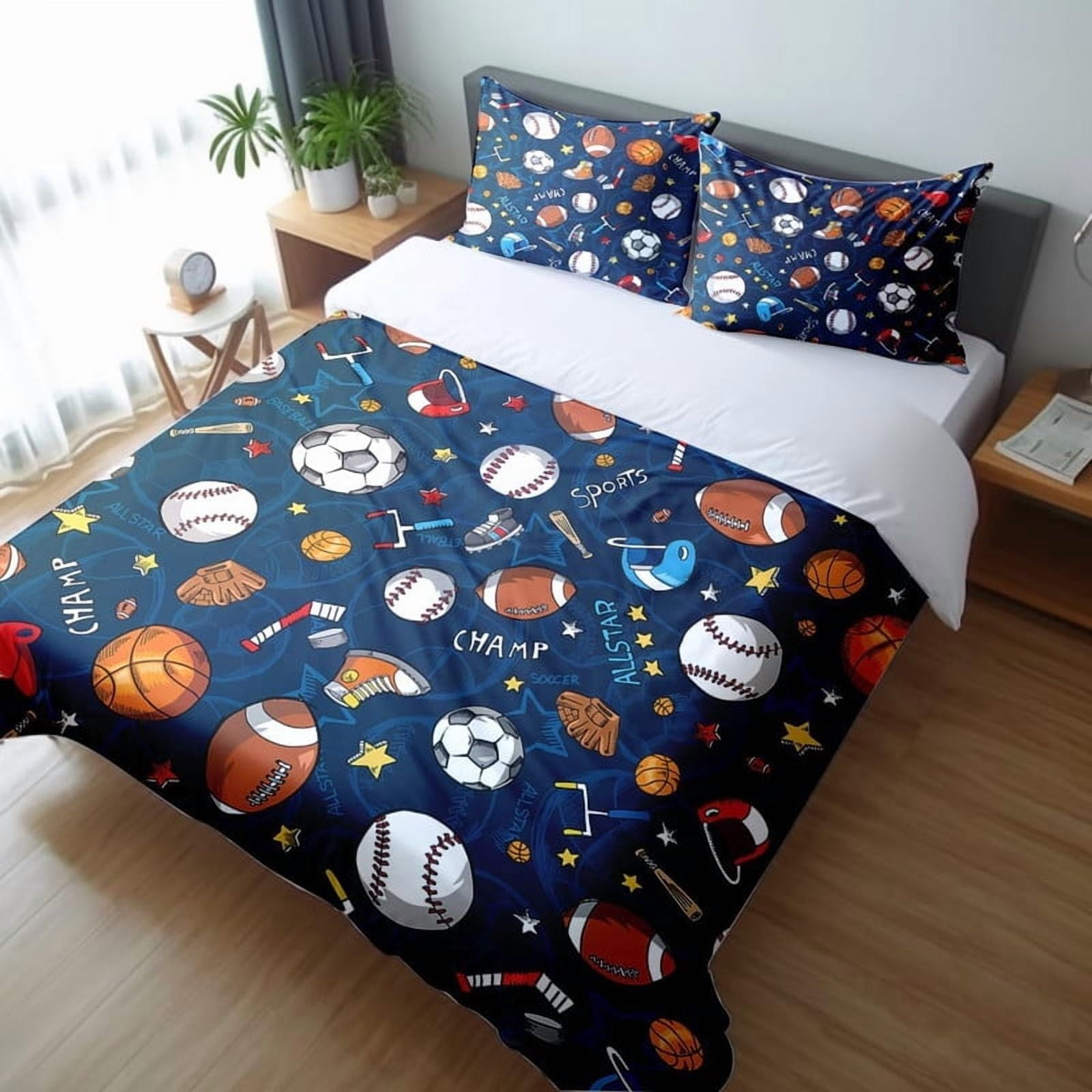 Basketball & Football Bedding Set for Boys Teens - 3 Piece Twin Comforter Cover with 2 Pillowcases, Sporty Duvet Cover for Kids, Boys Room Decor