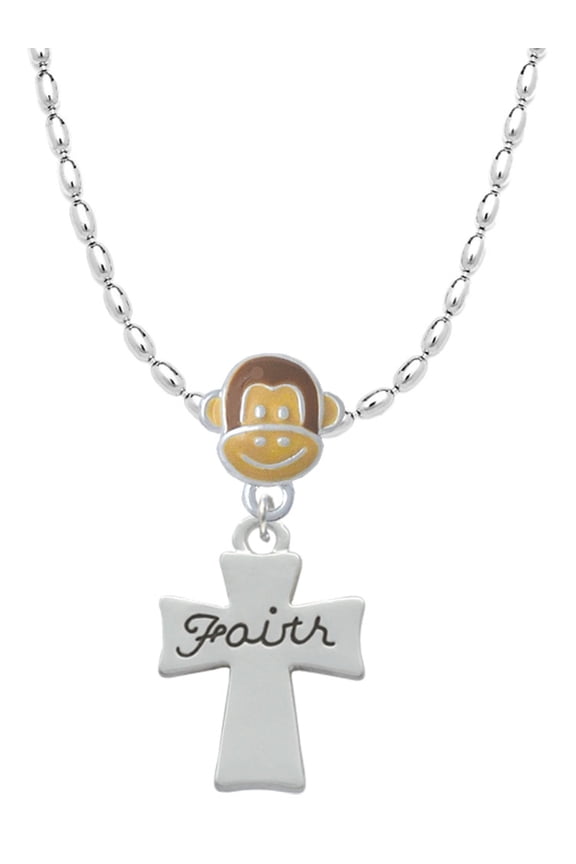 Silvertone Faith Flat Cross Mia Monkey Charm Necklace