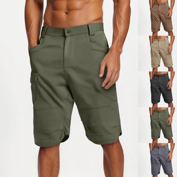 FRSASU Men's Cargo Work Shorts Quick Dry 3/4 Length Capri Pants Multi-pockets Knee Length Trousers Summer Board Beach Shorts Khaki