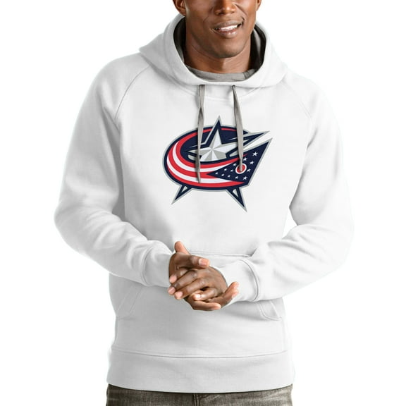 Men's Antigua White Columbus Blue Jackets Logo Victory Pullover Hoodie