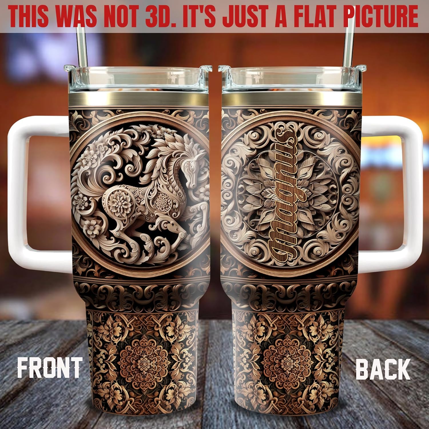 Personalized Horse Tumbler 40oz with Handle and Straw Custom Name Wooden Drawings Vacuum Tumblers Stainless Steel Travel Mug Equestrian Gifts Birthday Christmas for Men Women Animal Lover