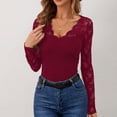 thumbnail image 5 of Delayuji Women's Long Sleeve Shirt Basic Layer Spring Solid Color V Neck Lace Mesh Sleeve Splicing Slim Fit Long Sleeved T Shirt Red, 5 of 7