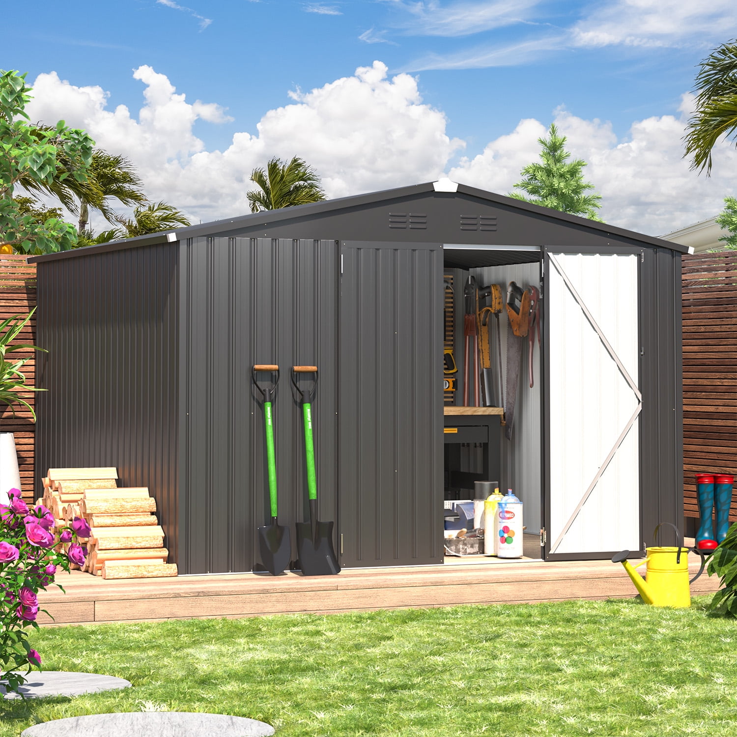 AECOJOY 10 x 8 ft. Outdoor Metal Storage Shed with Sliding Roof & Lockable Door in Dark Gray