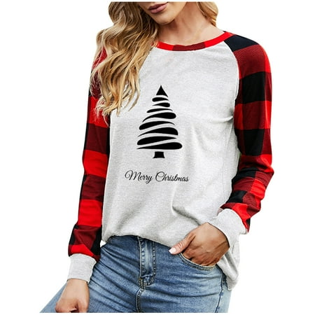 

Fashion Shirt for Womens Long Crew Neck Lightweight Sweatshirts Pullover Xmas Plaid Raglan Blouses Tops