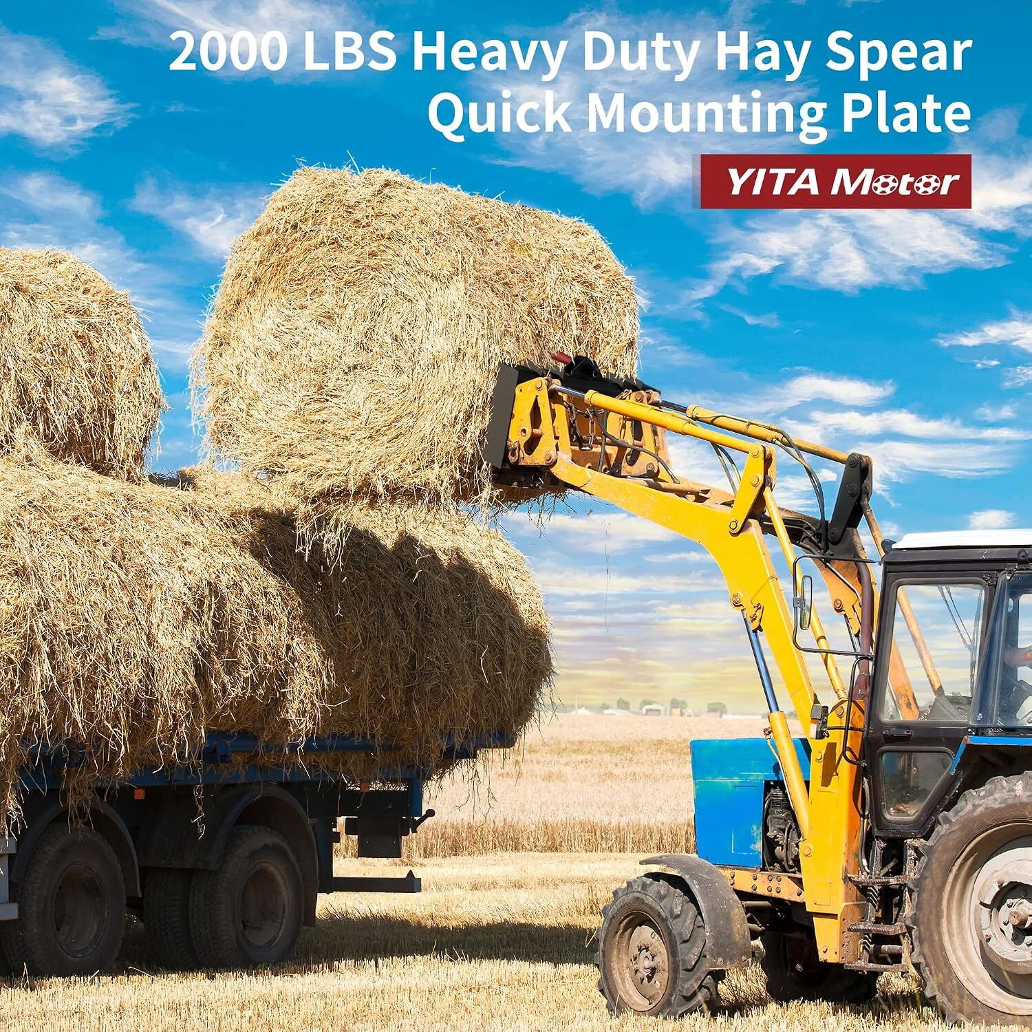 Uforic 49" Hay Bale Spear Attachment, 2000 LBS Quick Attach Fits Bobcat Skid Steer & Tractor, 1 Red 49" Main Spear + 2 Black 17" Stabilizer Spikes