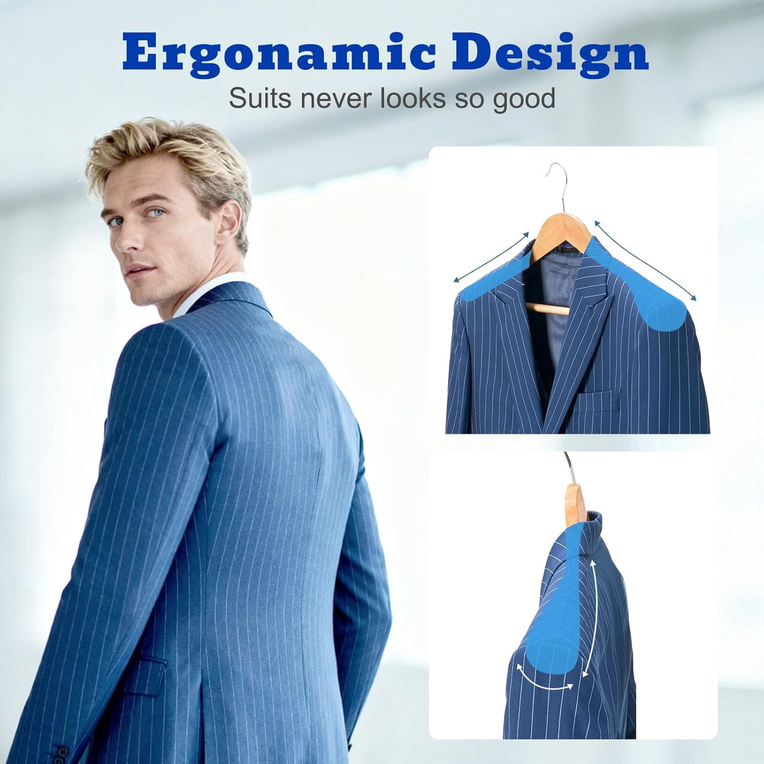 Solid Wood Wide Shoulder Hangers with Non-Slip Pants Bar, 360 °   Swivel Hook for Suits, Dresses, Jackets, and Heavy Clothes - 6 Pack (Walnut Finish)