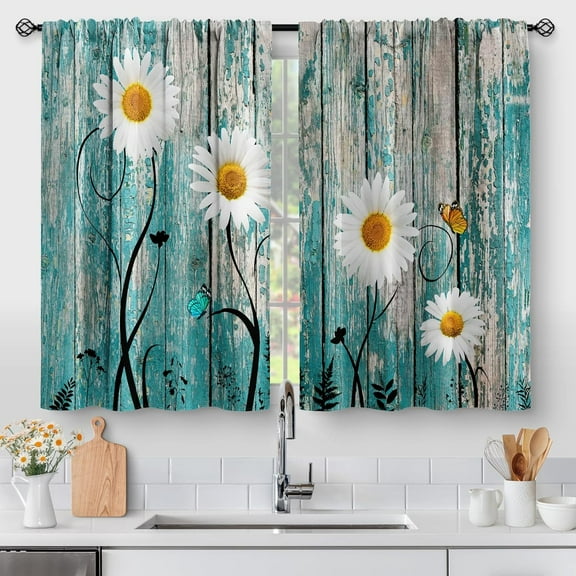 Flower Daisy Wood Kitchen Curtains - Wooden Rustic Retro Floral Farmhouse Spring Butterfly Plant Farm Short Cafe Tier Curtains Decor Rod Pocket Window Drapes 36 Inch Length 2 Panels 28"x36"