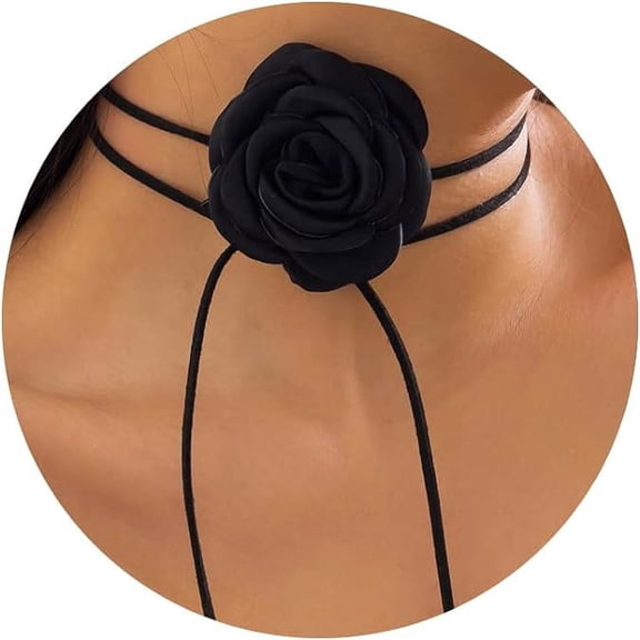Flower Necklace for Women, Adjustable Lace-up Design Handmade Velvet Floral Necklace, Elegant Summer Necklace for Weddings, Parties, and Holiday, Black