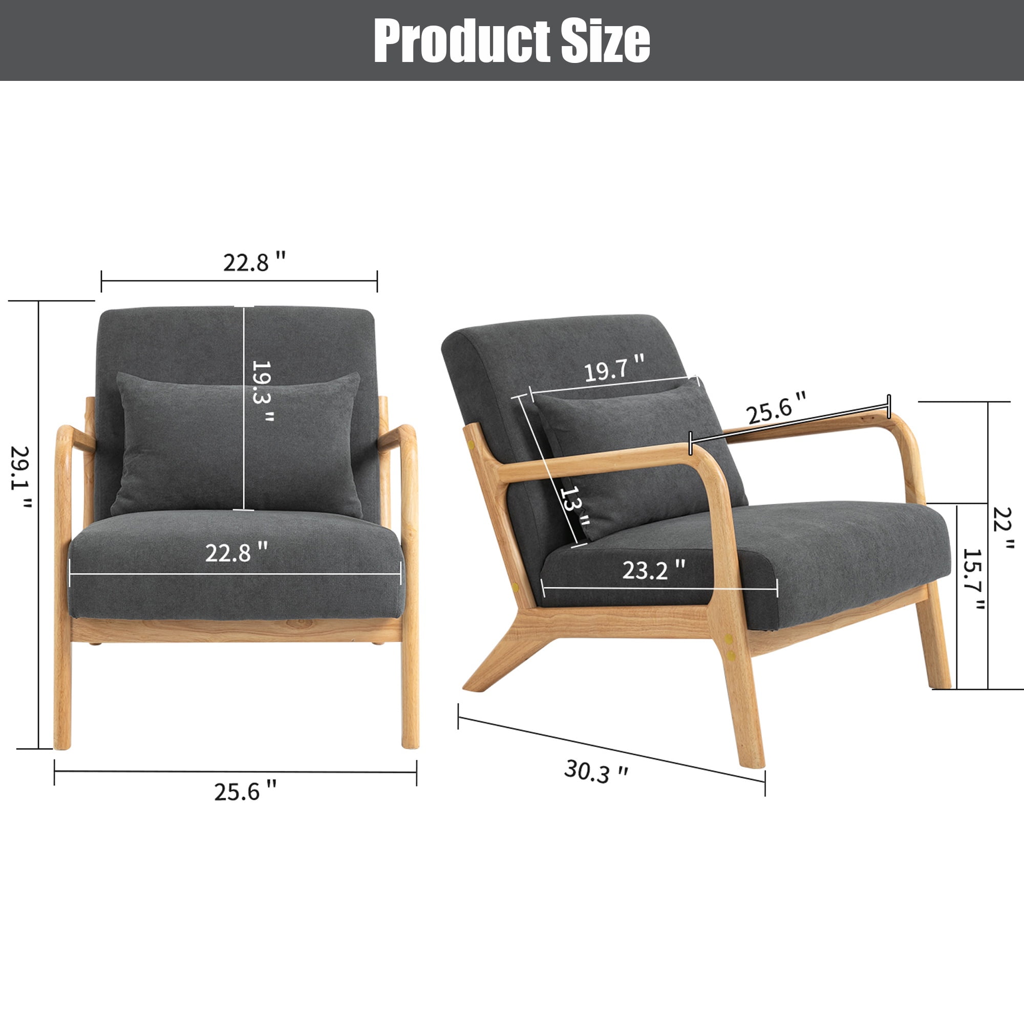 PAPROOS Mid-Century Modern Accent Chair, Velvet Fabric Arm Chair with Wood Frame and Pillow, Upholstered Armchair Comfort Reading Chair Lounge Chair for Living Room Bedroom Sunroom, Gray