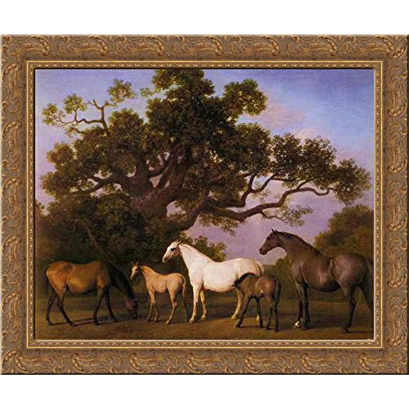 Mares and Foals under an Oak Tree 24x20 Gold Ornate Wood Framed Canvas Art by George Stubbs