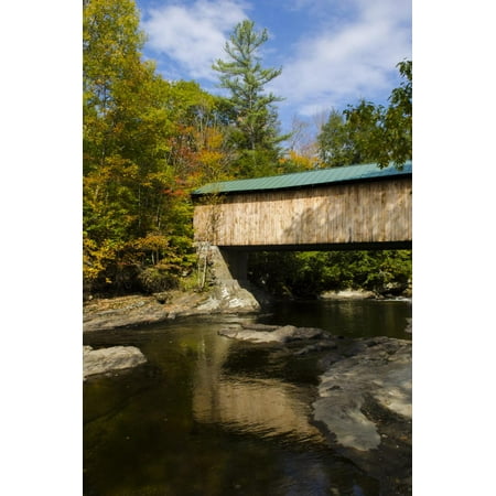 USA, Vermont, Waterville. Montgomery Covered Bridge with Fall Foliage Print Wall Art By Bill