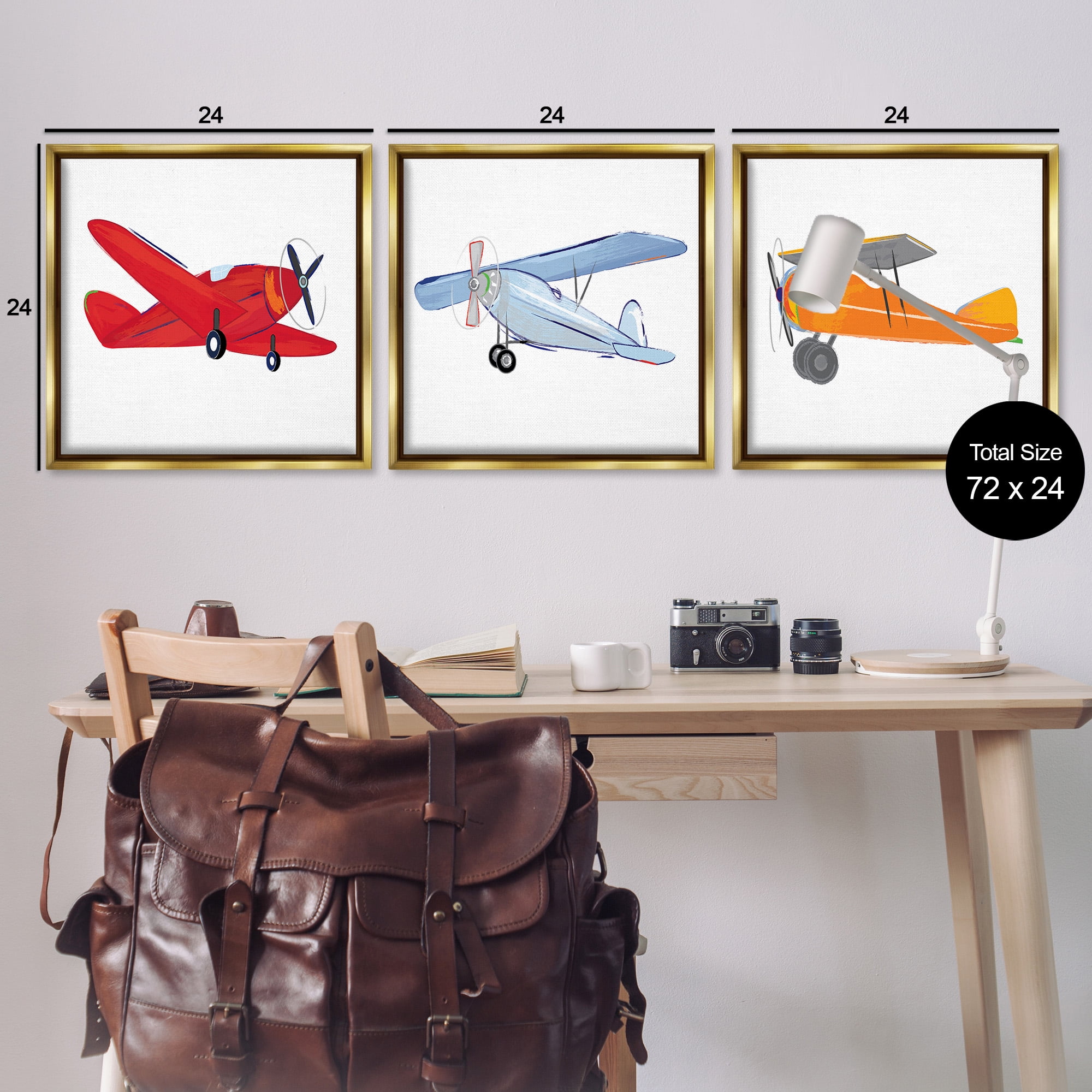 Stupell Industries Triple Colorful Airplanes Drawing Art for Kids Painting Gold Floater Framed Canvas Art Print Wall Art, 25 x 25, Set of 3
