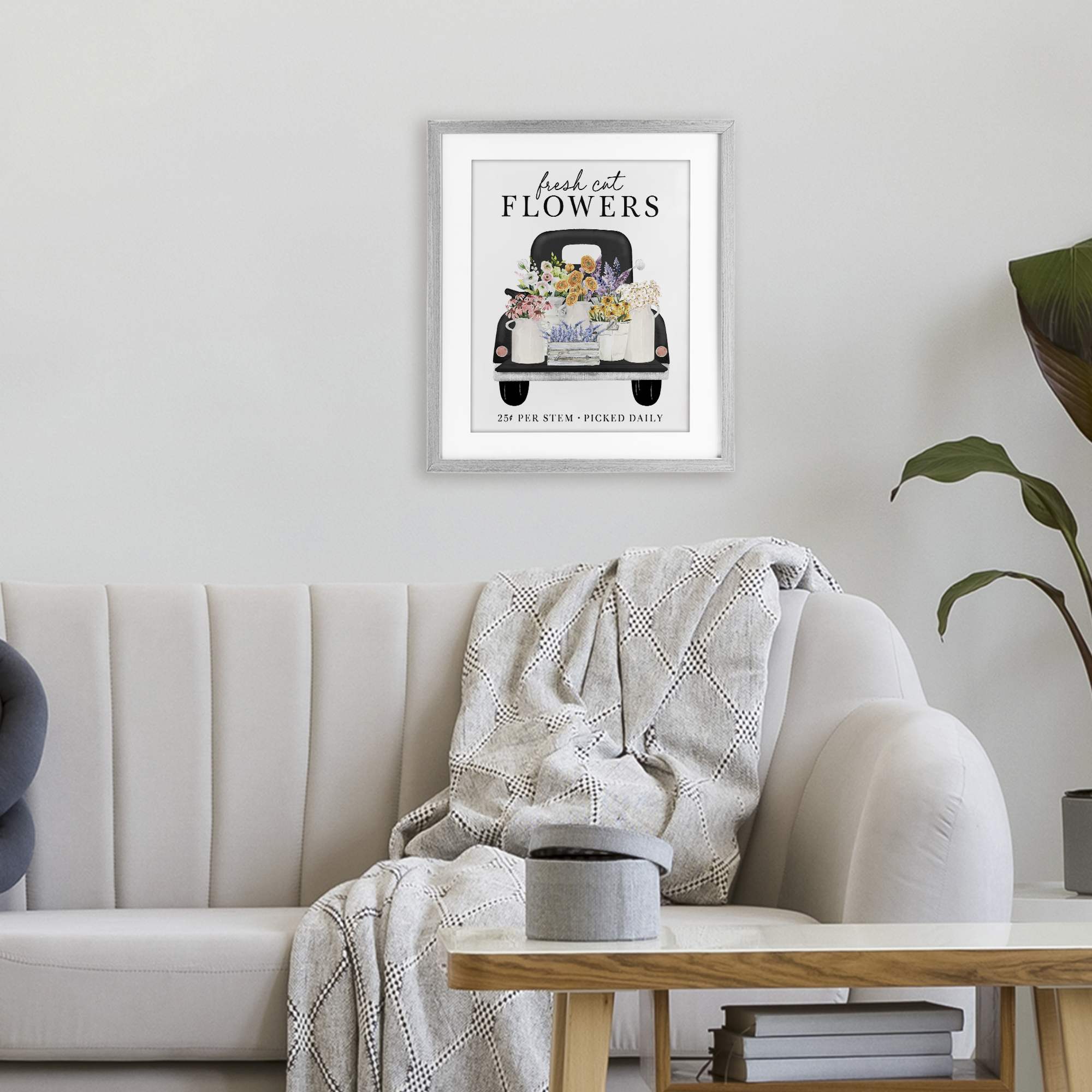 Fresh Flowers Picked Daily Gray Framed Print Under Glass, design by Lettered and Lined