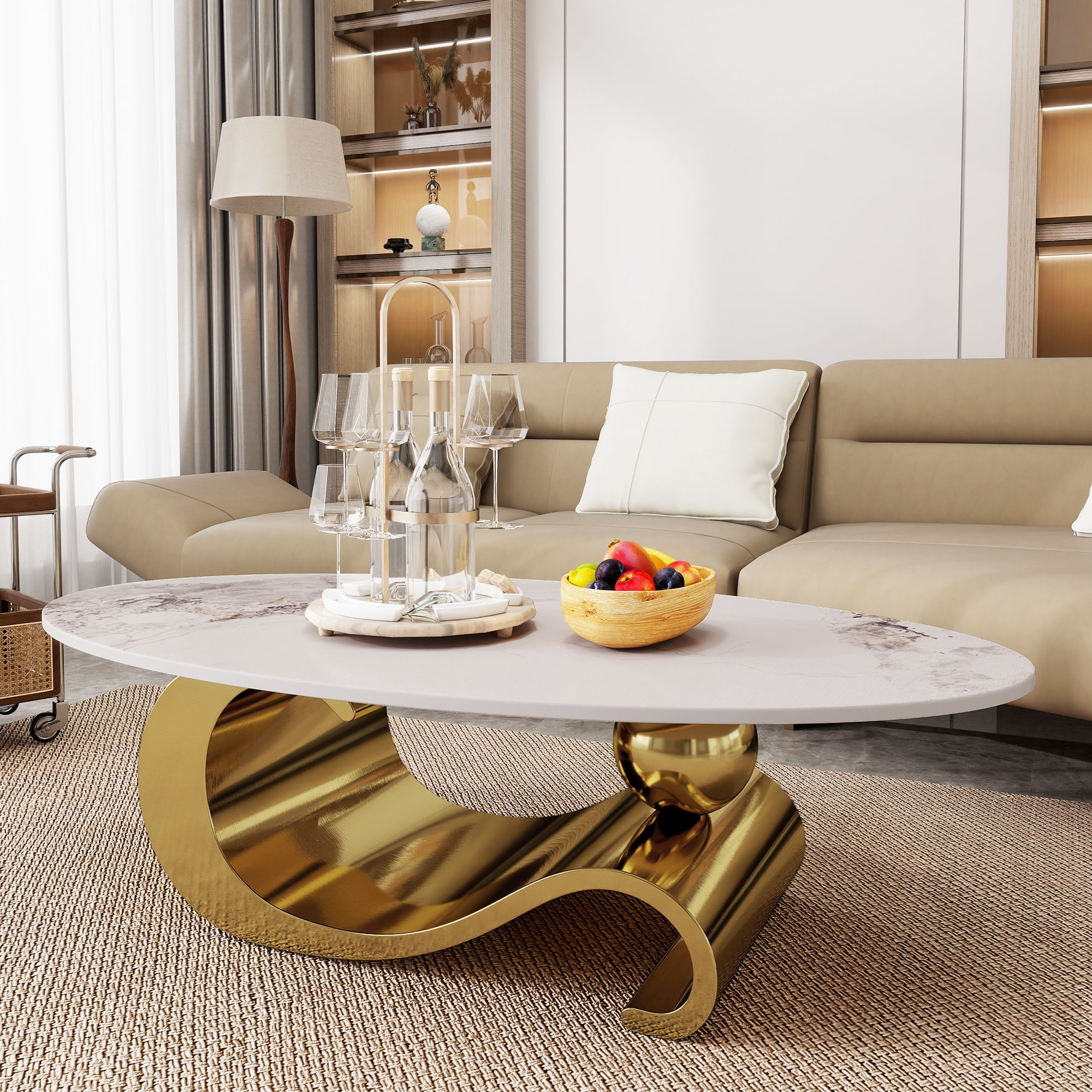 HIUU White Marble Coffee Table for Living Room,Oval Coffee Table with Gold Stainless Steel Base for Living Room